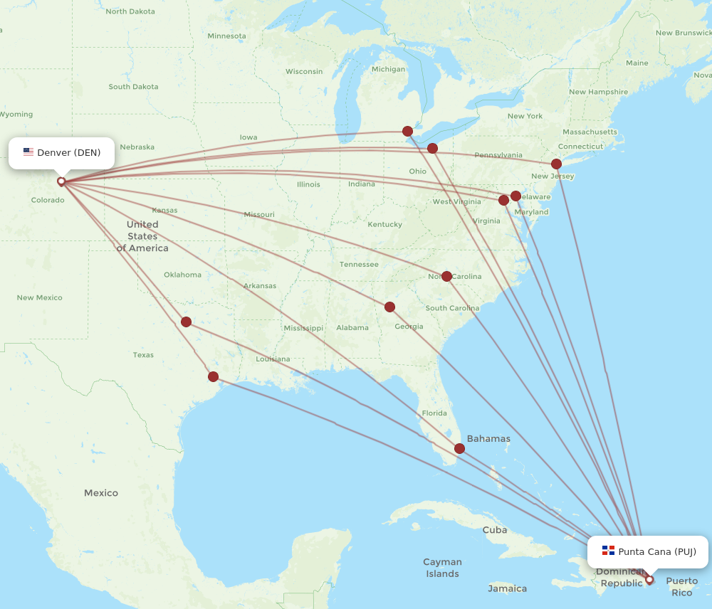 PUJ to DEN flights and routes map