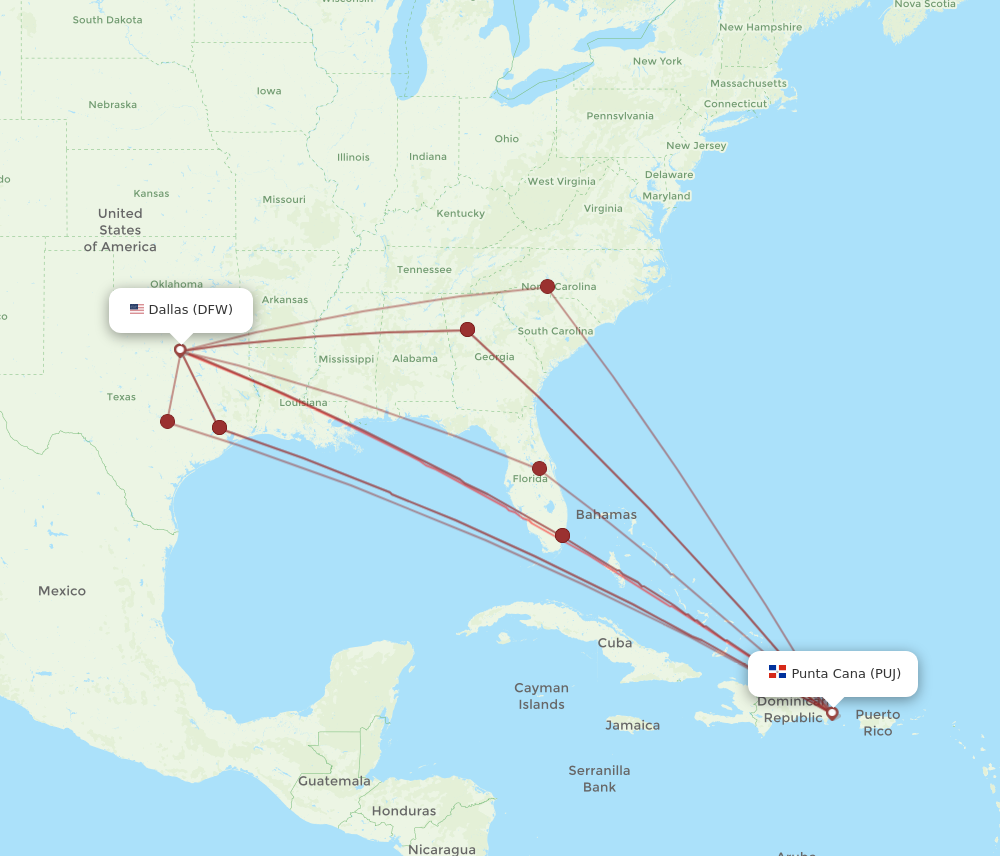 PUJ to DFW flights and routes map