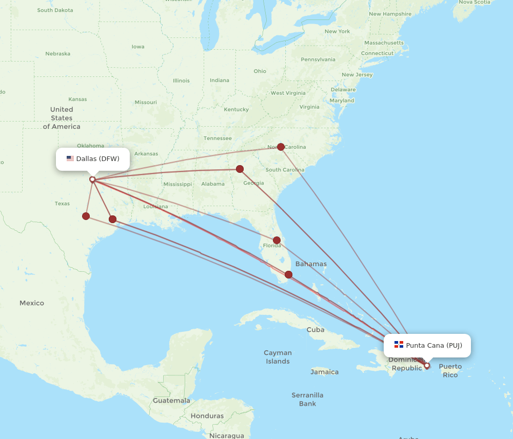 PUJ to DFW flights and routes map