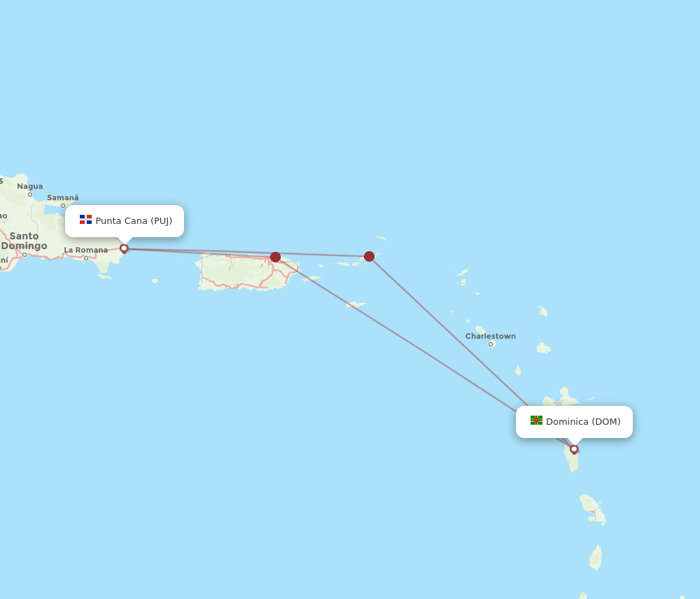 Punta Cana - Dominica route map and flight paths