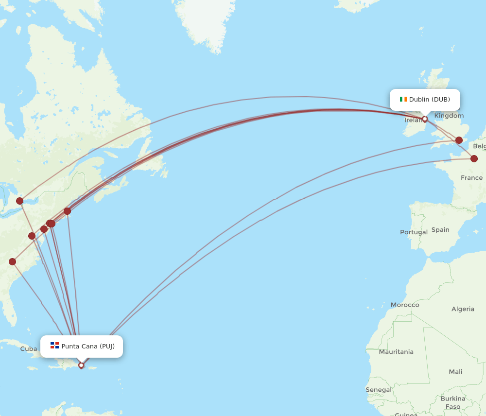 PUJ to DUB flights and routes map