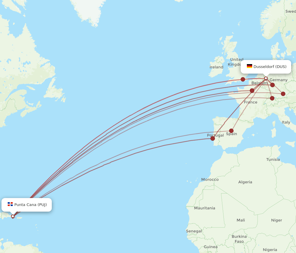 PUJ-DUS flight routes