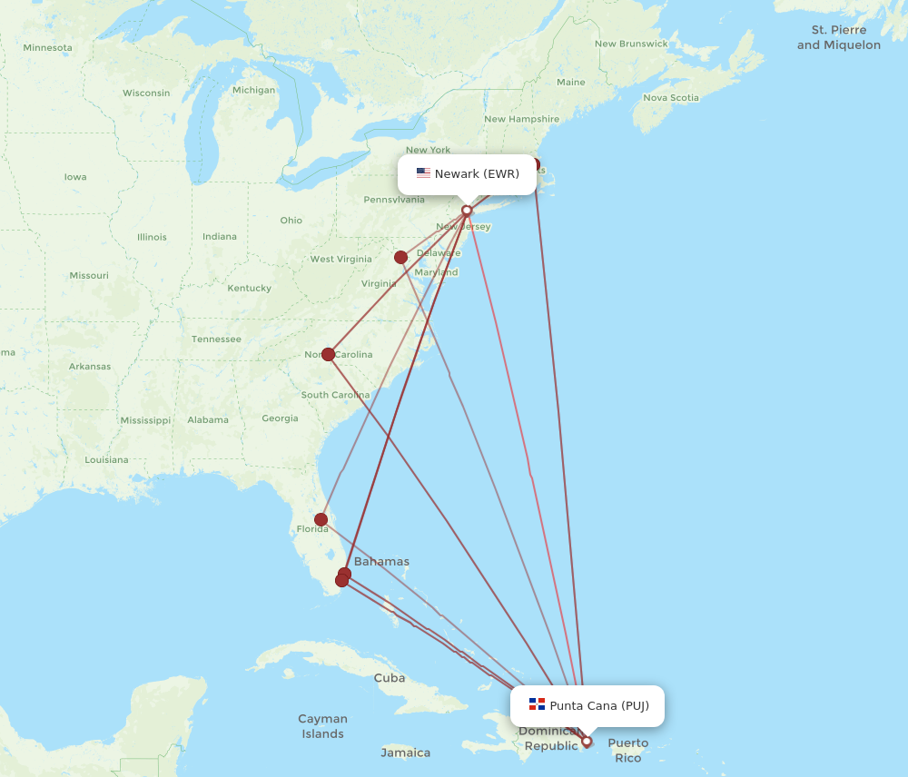 PUJ to EWR flights and routes map