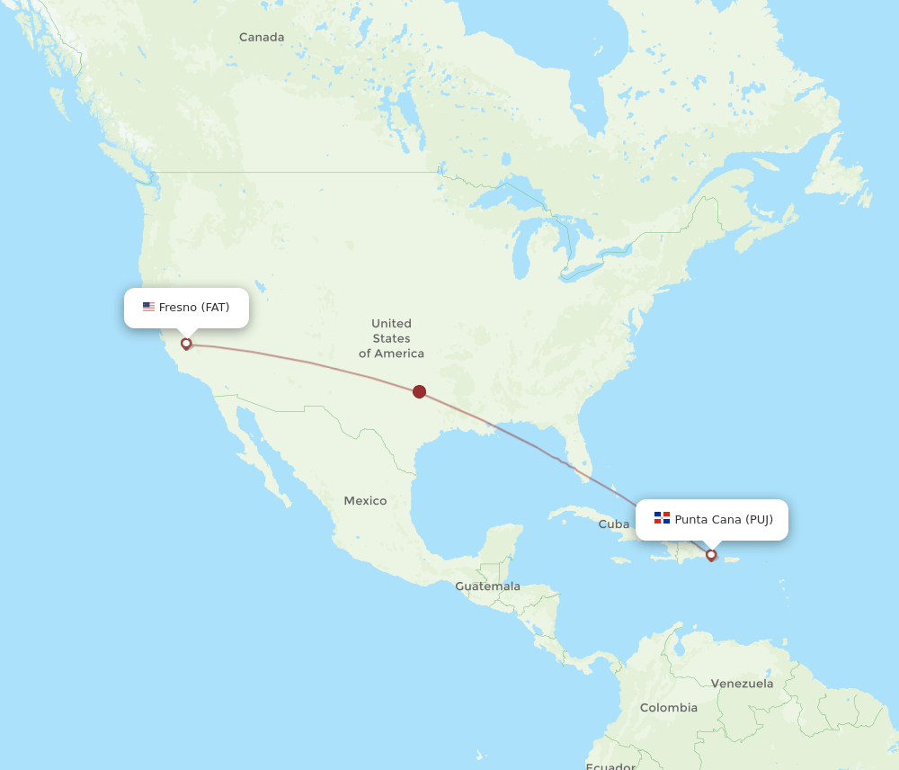 Fresno - Punta Cana route map and flight paths