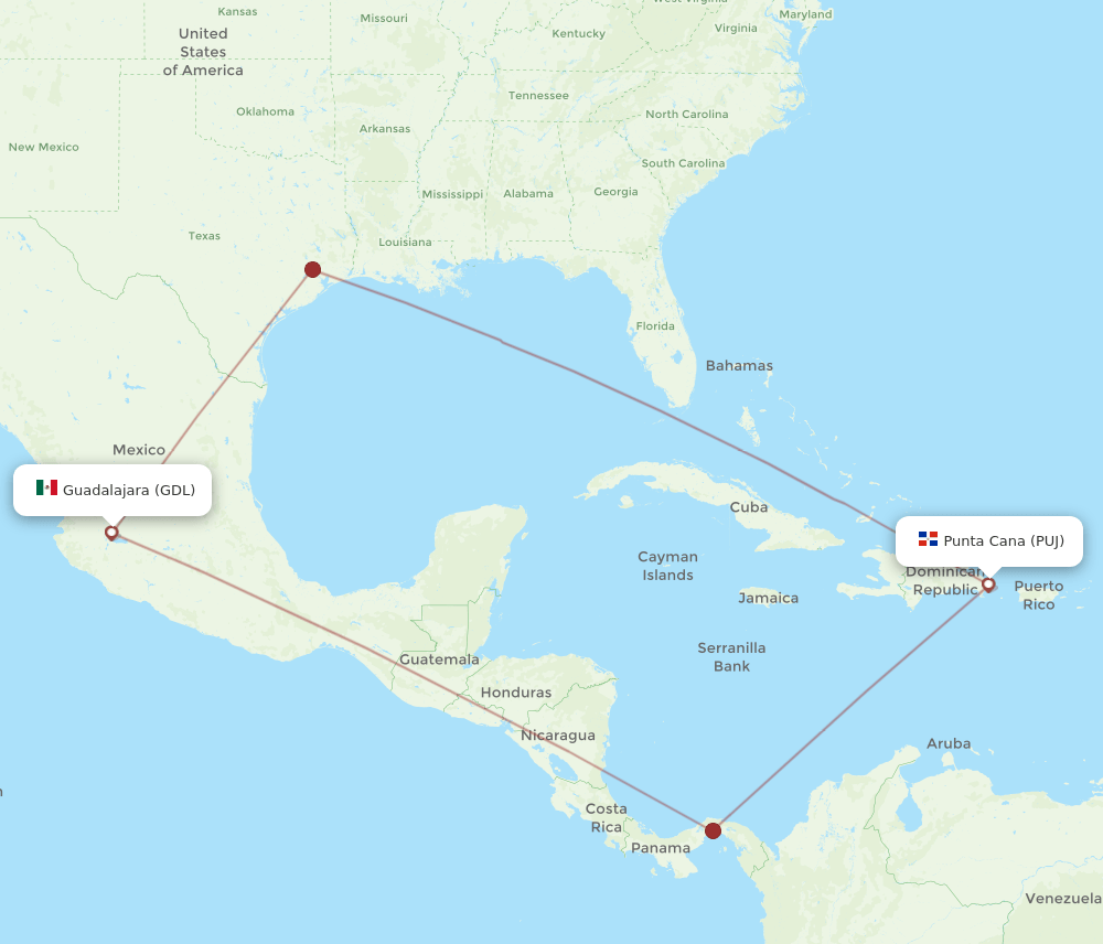 PUJ to GDL flights and routes map