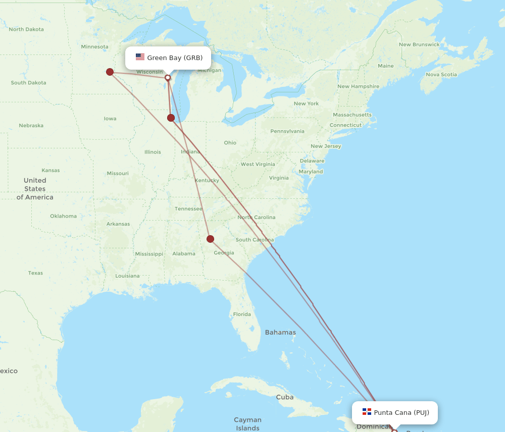 PUJ to GRB flights and routes map
