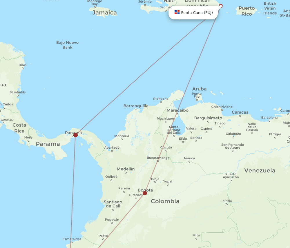 PUJ to GYE flights and routes map