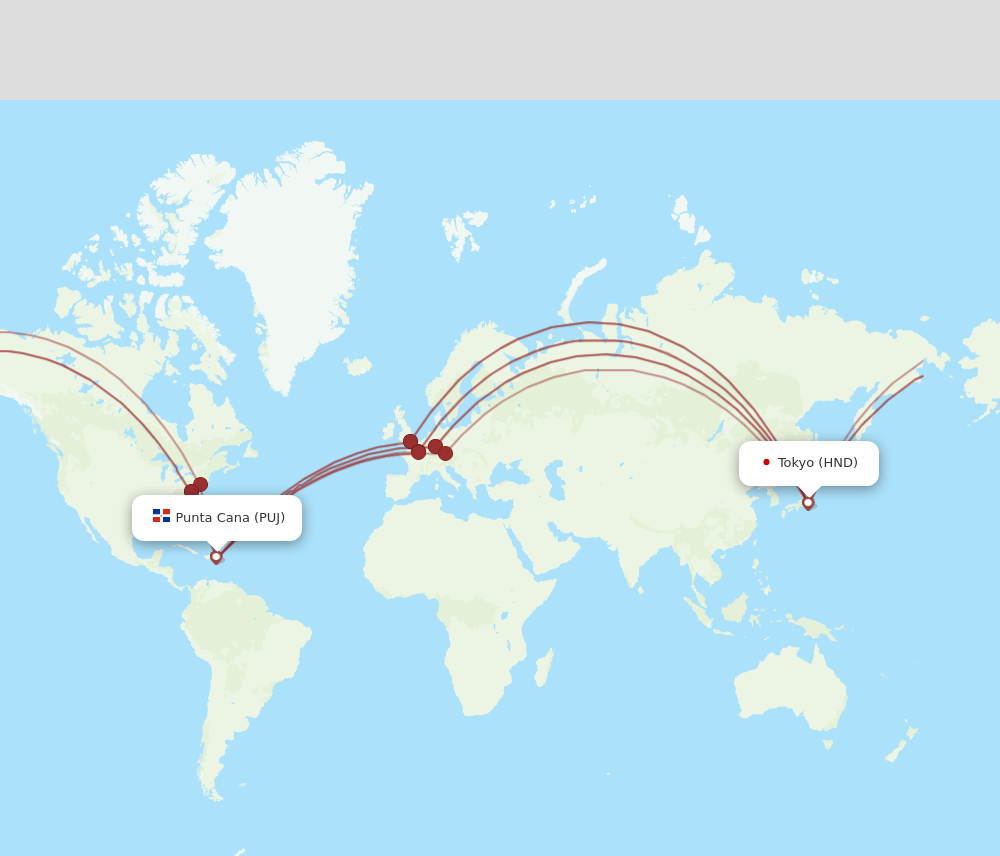 PUJ to HND flights and routes map