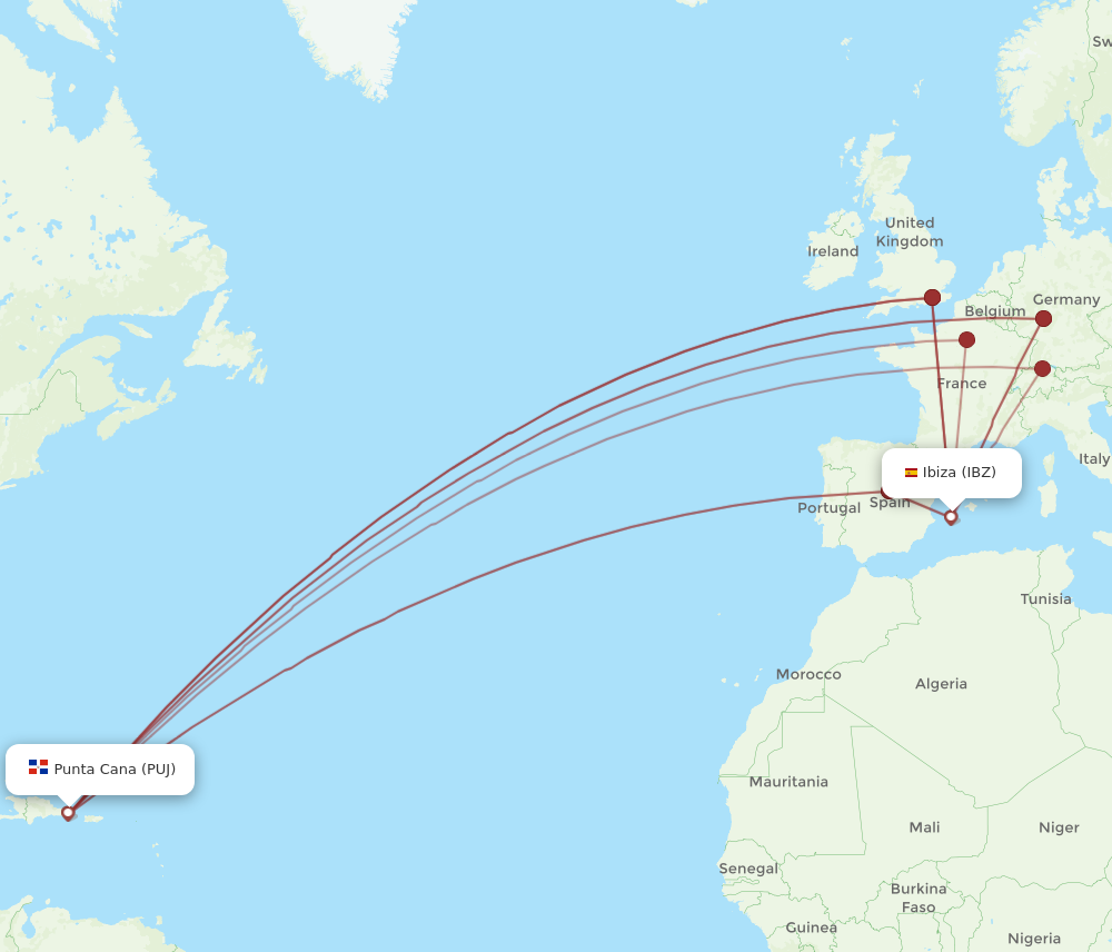PUJ to IBZ flights and routes map