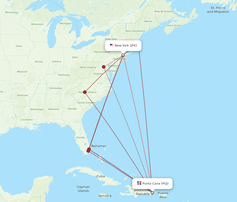 PUJ to JFK flights and routes map