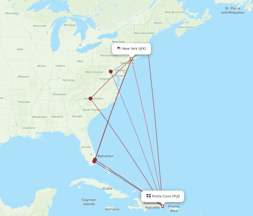 PUJ-JFK flight routes