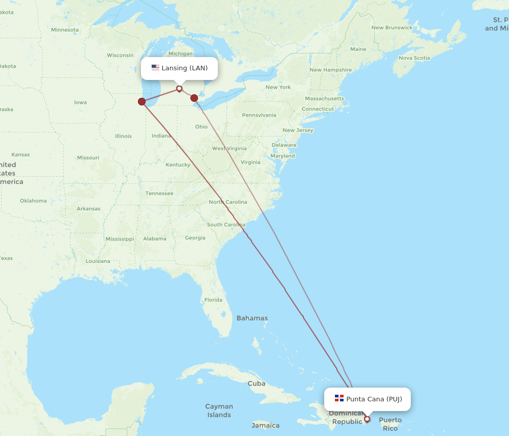 PUJ-LAN flight routes