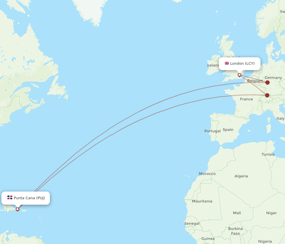 PUJ-LCY flight routes