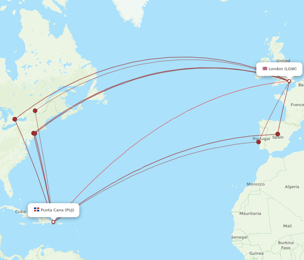 PUJ to LGW flights and routes map