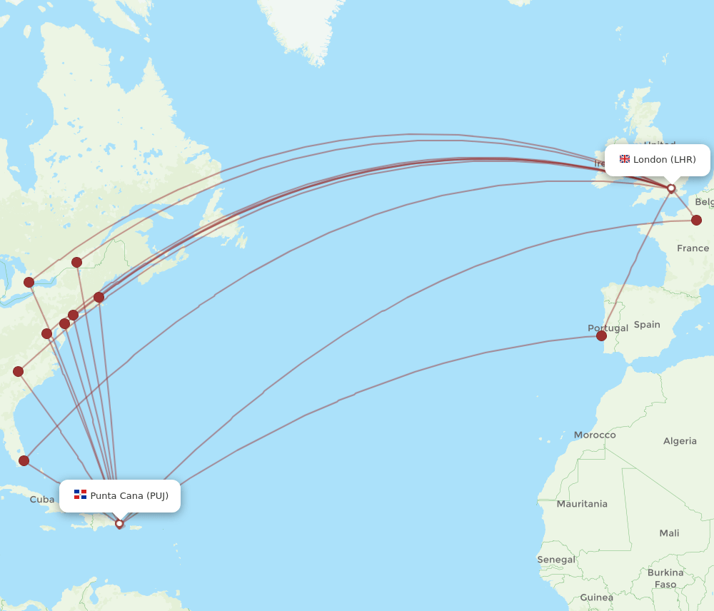 PUJ-LHR flight routes