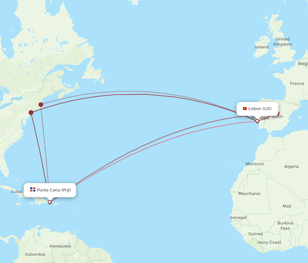 PUJ to LIS flights and routes map