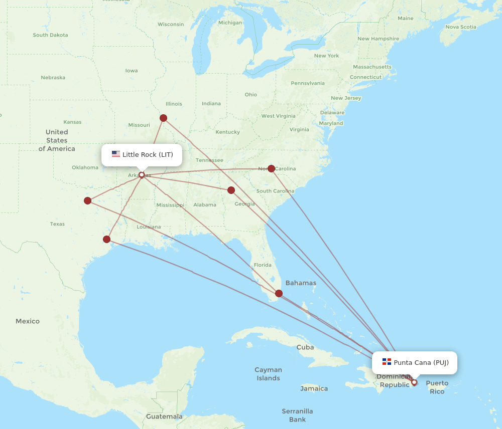 PUJ to LIT flights and routes map