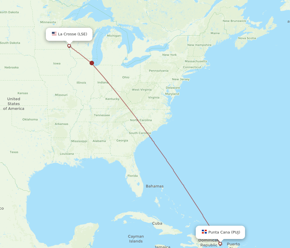 PUJ to LSE flights and routes map