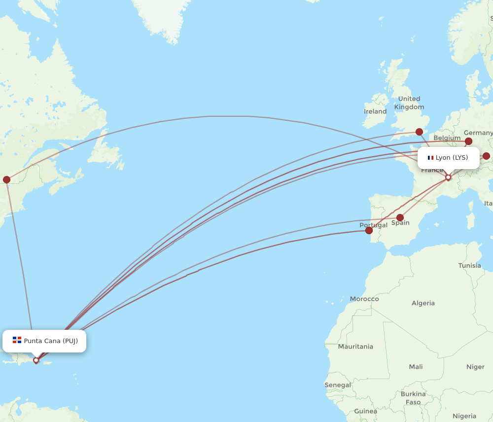 PUJ to LYS flights and routes map