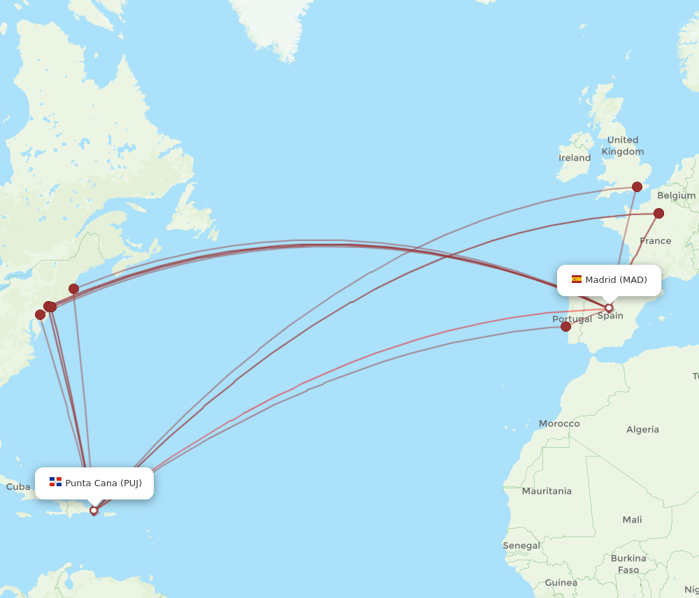 PUJ to MAD flights and routes map