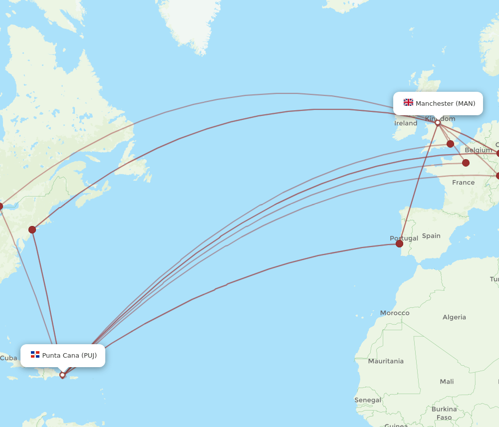 PUJ to MAN flights and routes map