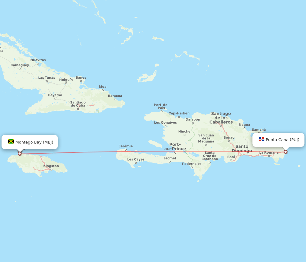 Punta Cana - Montego Bay route map and flight paths