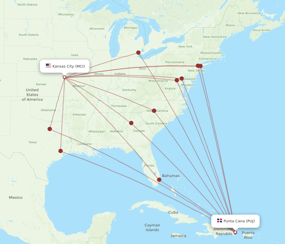 PUJ-MCI flight routes