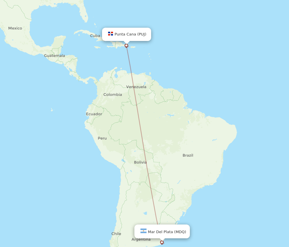 PUJ to MDQ flights and routes map