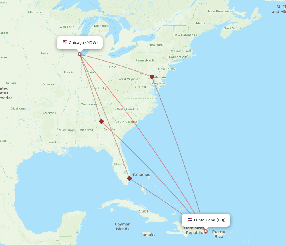 PUJ-MDW flight routes