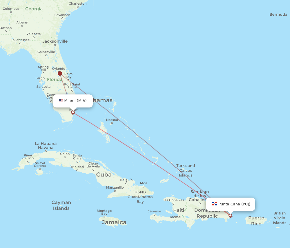 PUJ to MIA flights and routes map