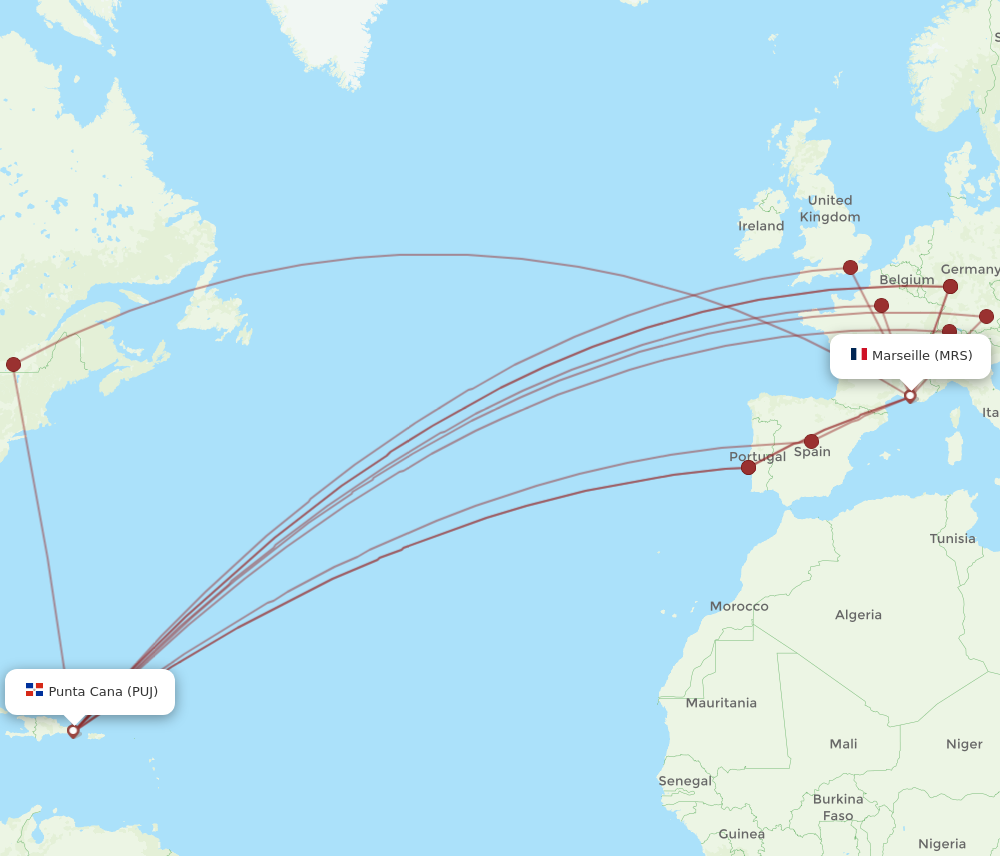 PUJ to MRS flights and routes map