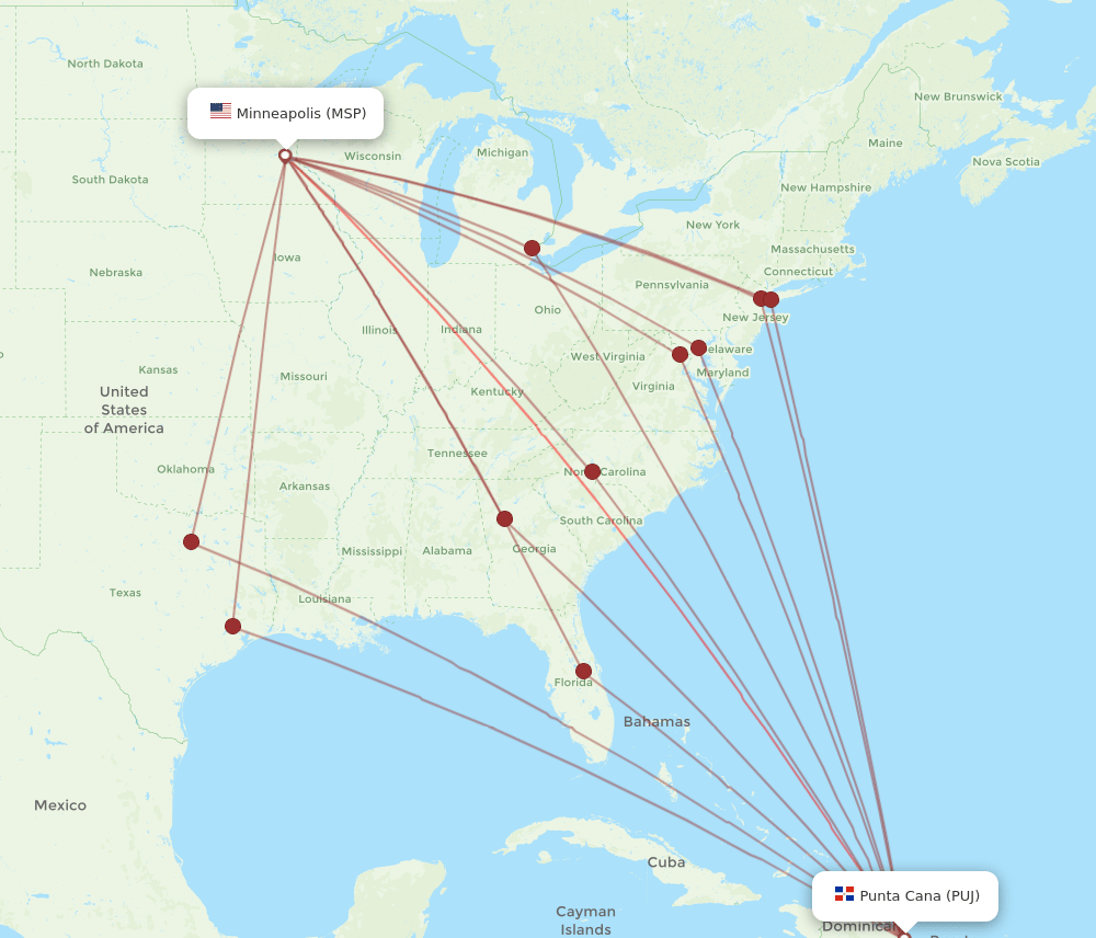 PUJ to MSP flights and routes map