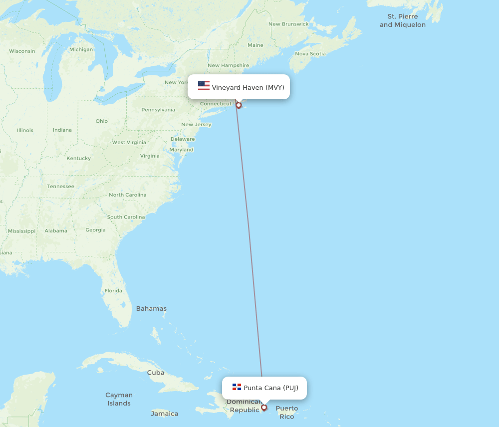 PUJ to MVY flights and routes map