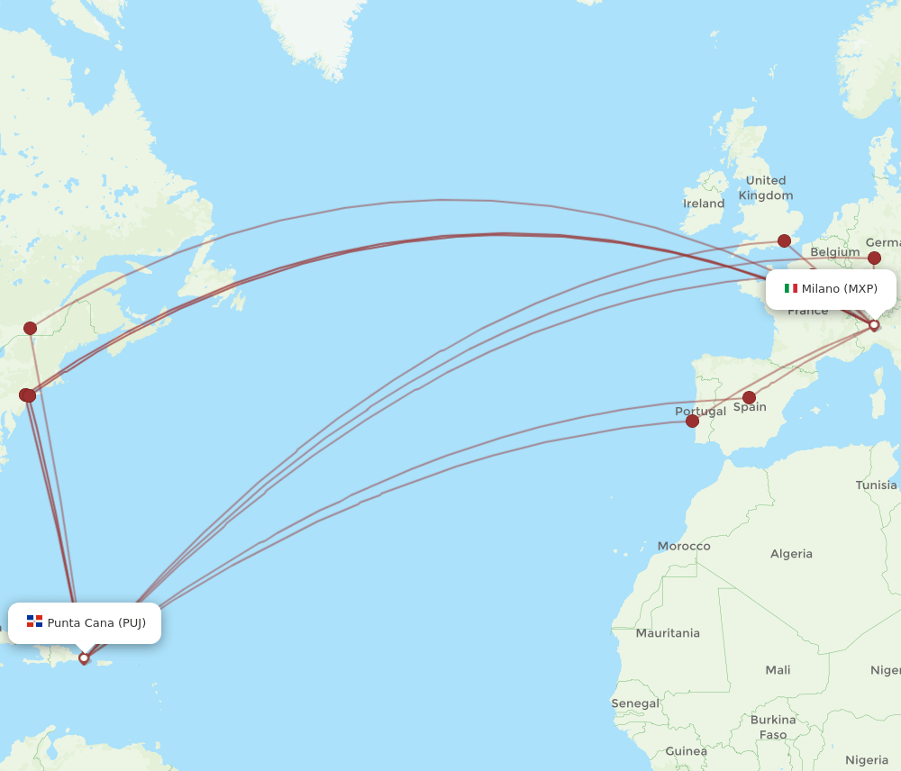 PUJ to MXP flights and routes map