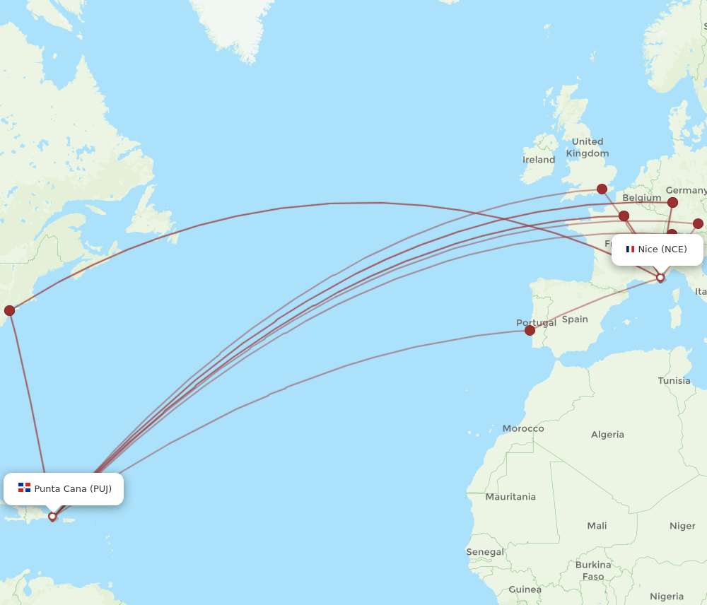 PUJ to NCE flights and routes map