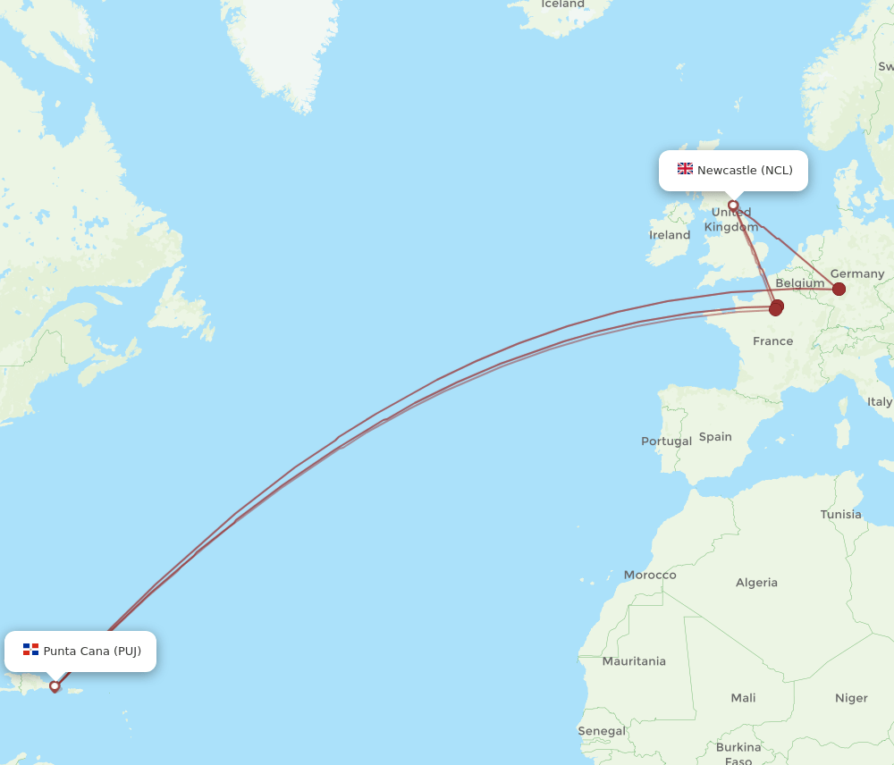 PUJ-NCL flight routes
