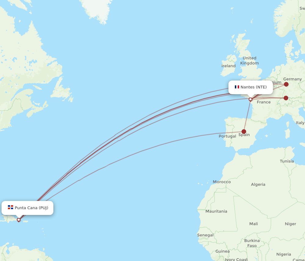 PUJ to NTE flights and routes map