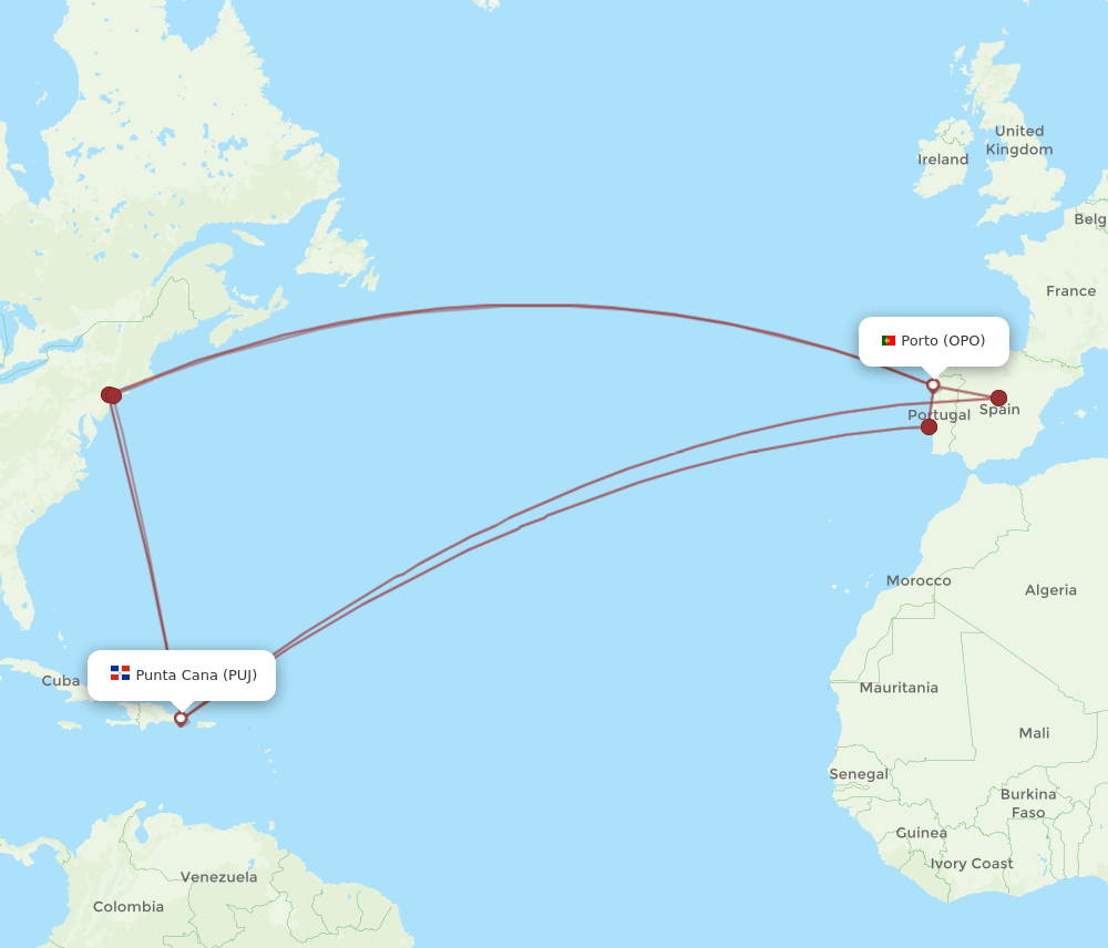 PUJ-OPO flight routes