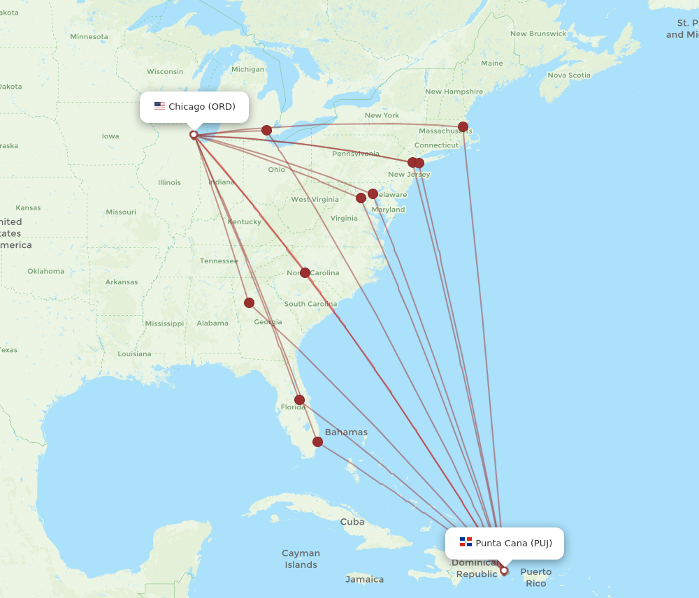 PUJ to ORD flights and routes map