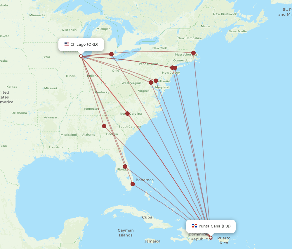 PUJ-ORD flight routes