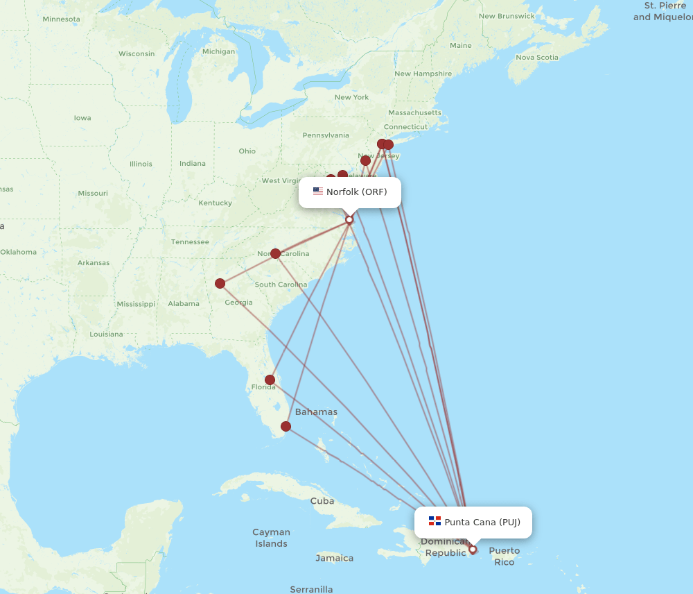 PUJ-ORF flight routes