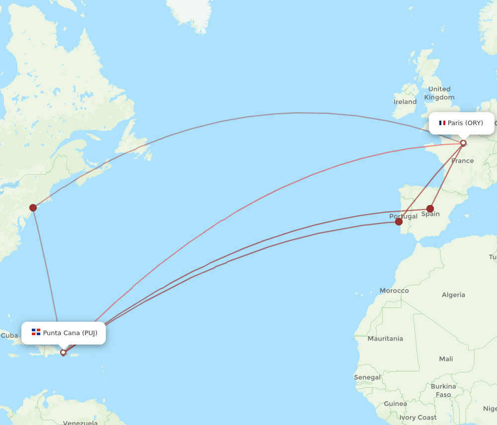 PUJ to ORY flights and routes map