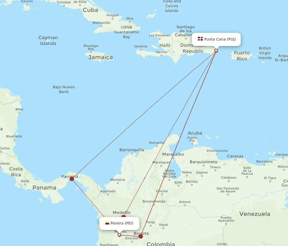 PUJ to PEI flights and routes map