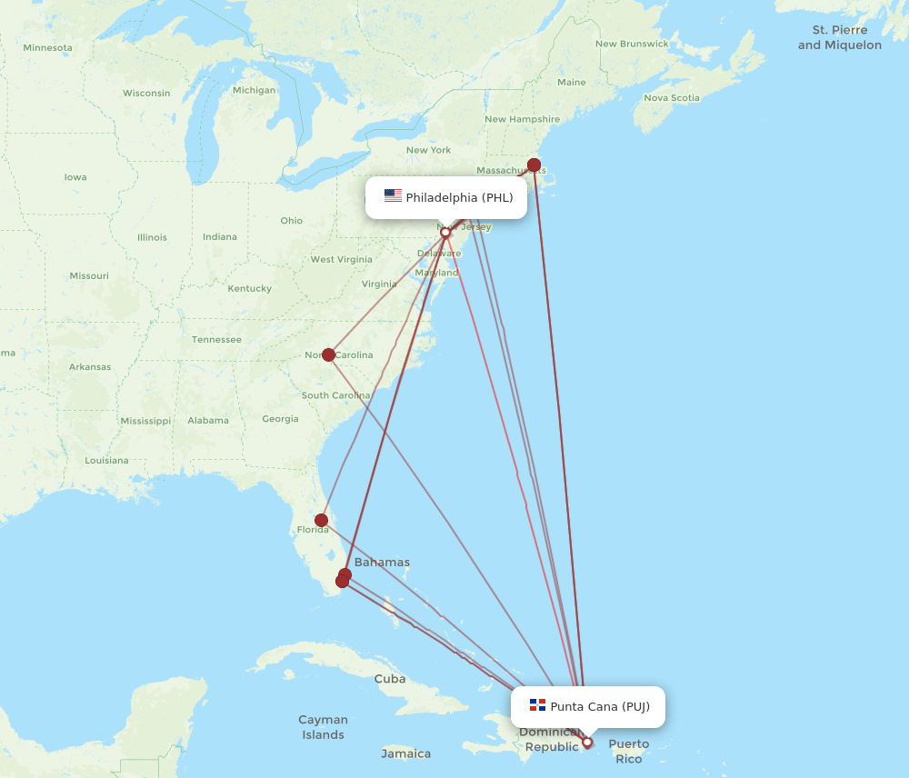 PUJ-PHL flight routes