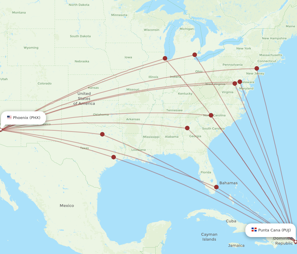 PUJ to PHX flights and routes map