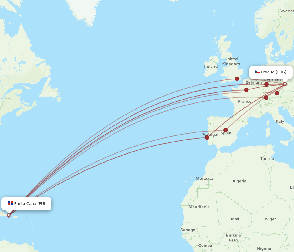 PUJ to PRG flights and routes map