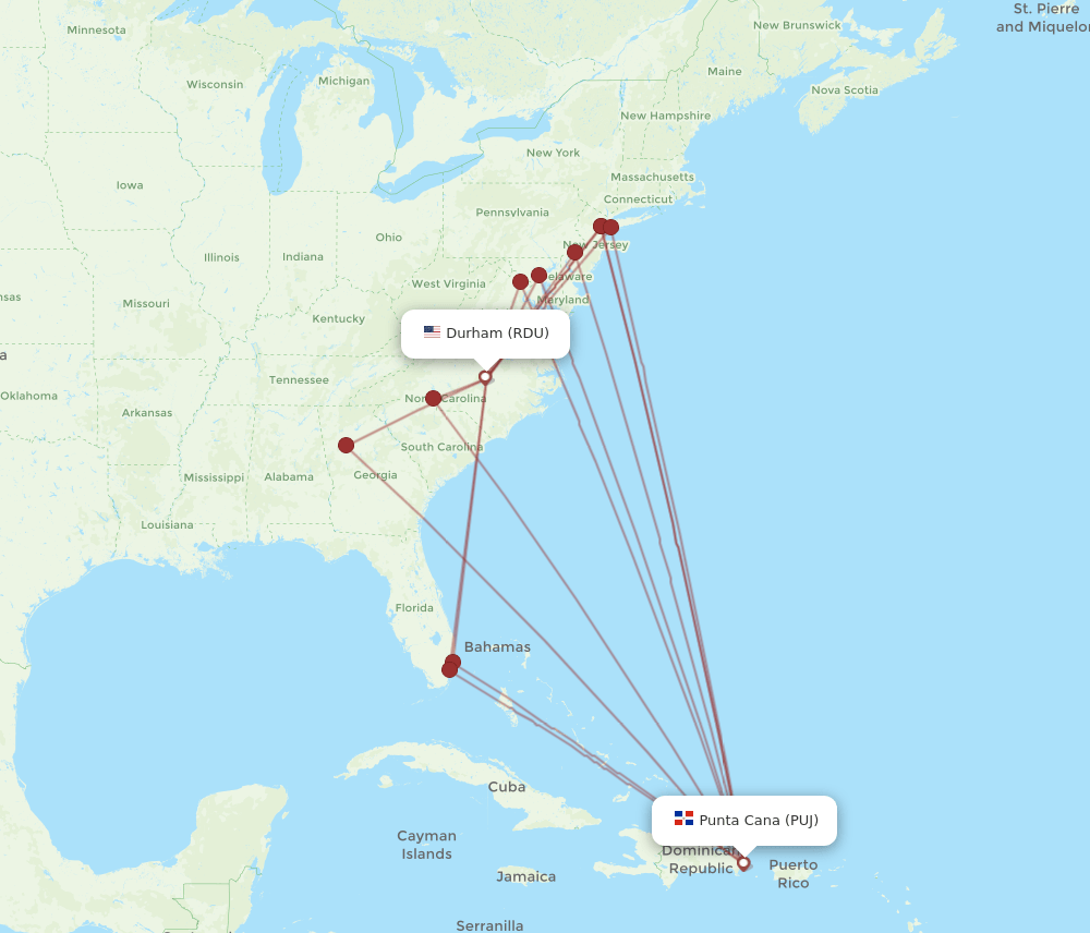 PUJ-RDU flight routes