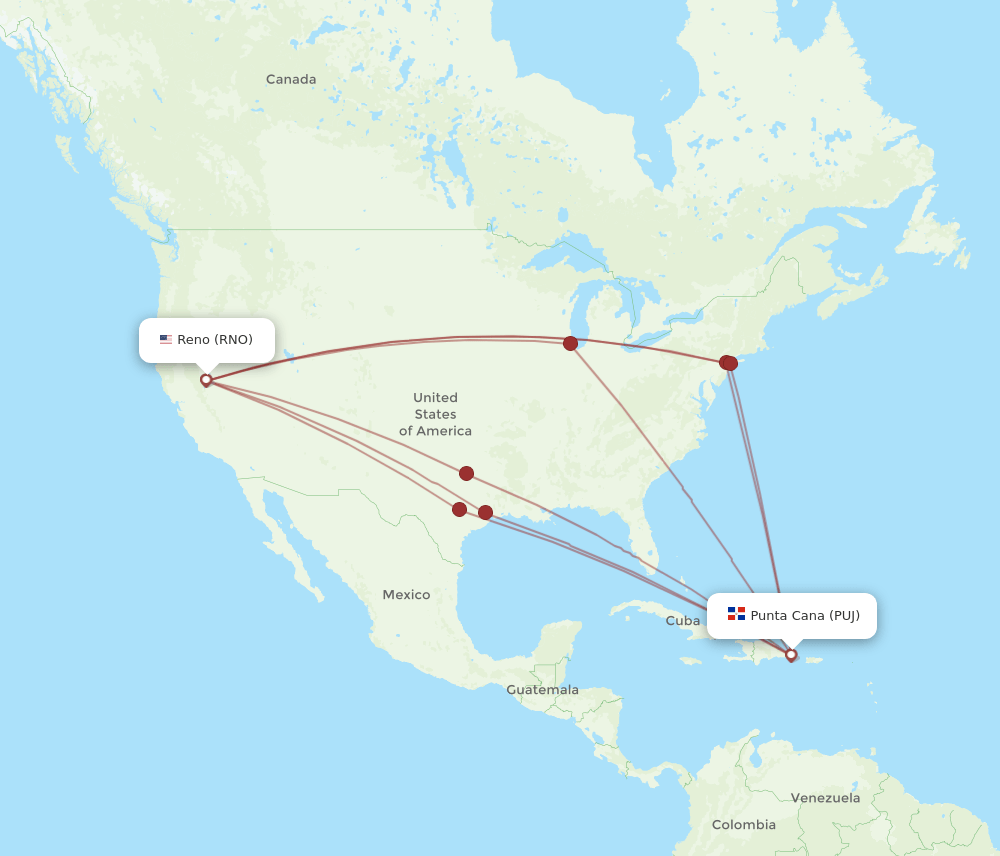 PUJ-RNO flight routes