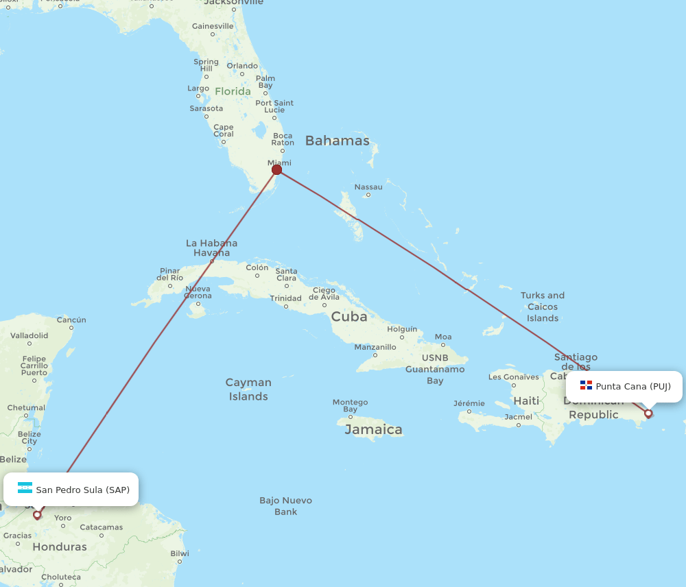 PUJ to SAP flights and routes map