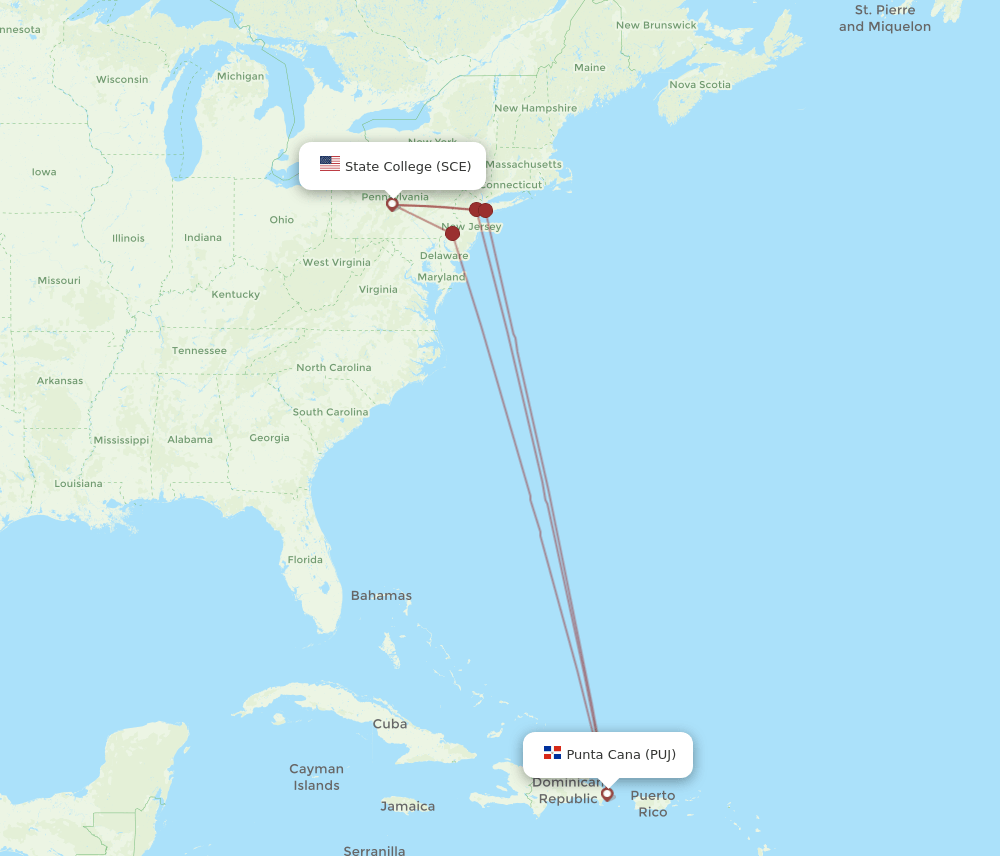 PUJ-SCE flight routes